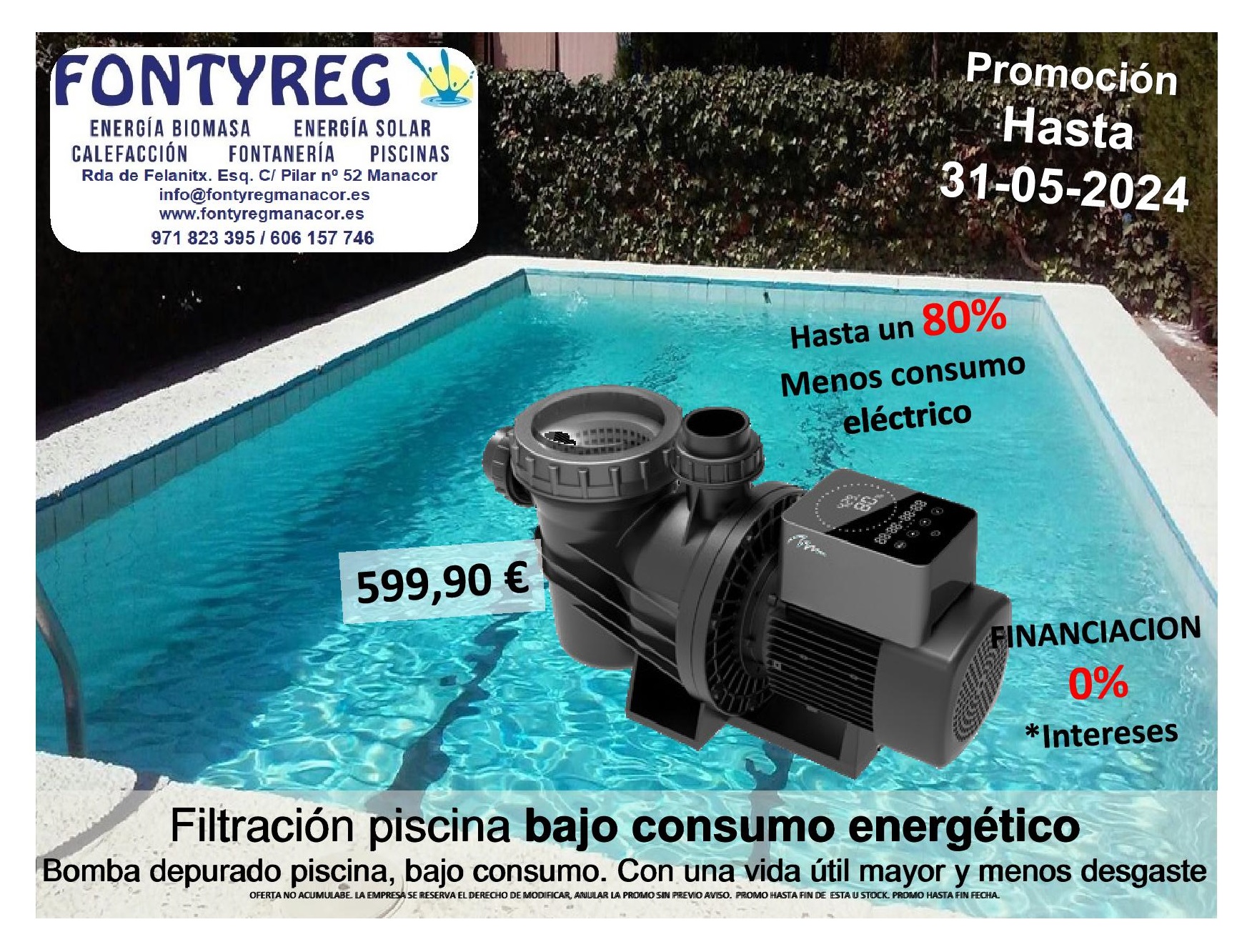 Depuradora piscina energía solar Mallorca, bomba agua piscina bajo consumo electrico, motor piscina 
